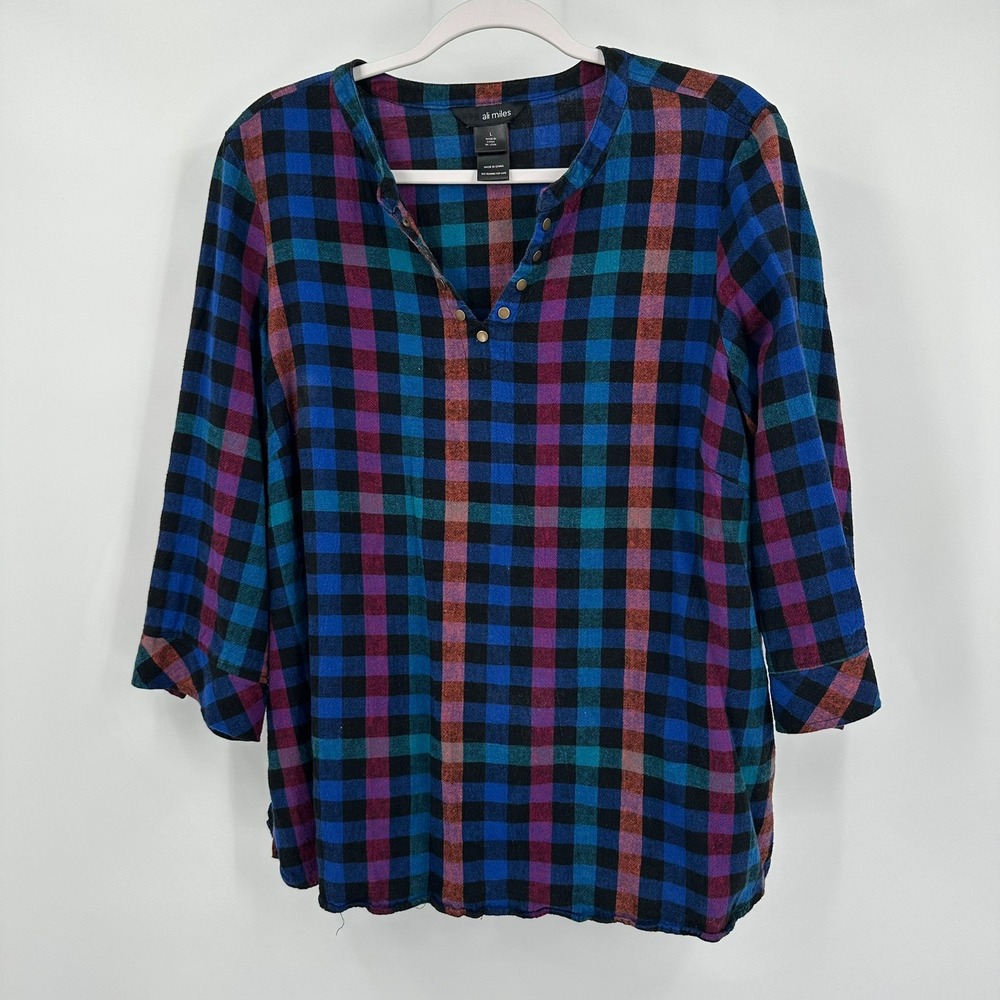 Ali Miles‎ Womens Artsy Lagenlook Plaid Top Size L Boho Colorful Eclectic Indie